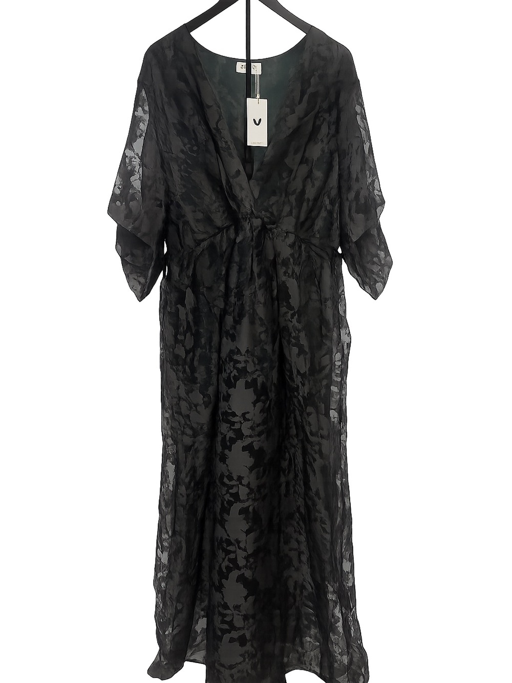 Sheer Floral Jacquard Black Maxi Robe with Tie Waist